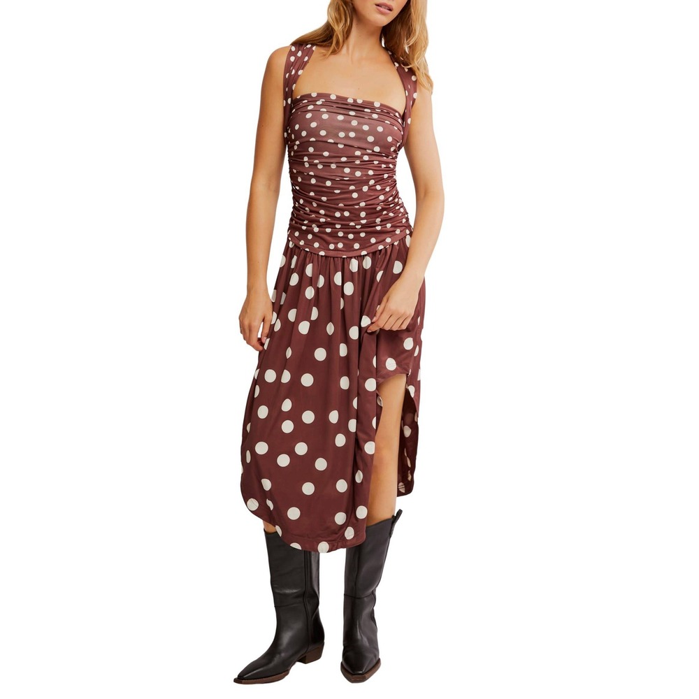 Free People Size L Brown Square Neck Raylon Variegated Polka Dot Midi Dress - Picture 1 of 9